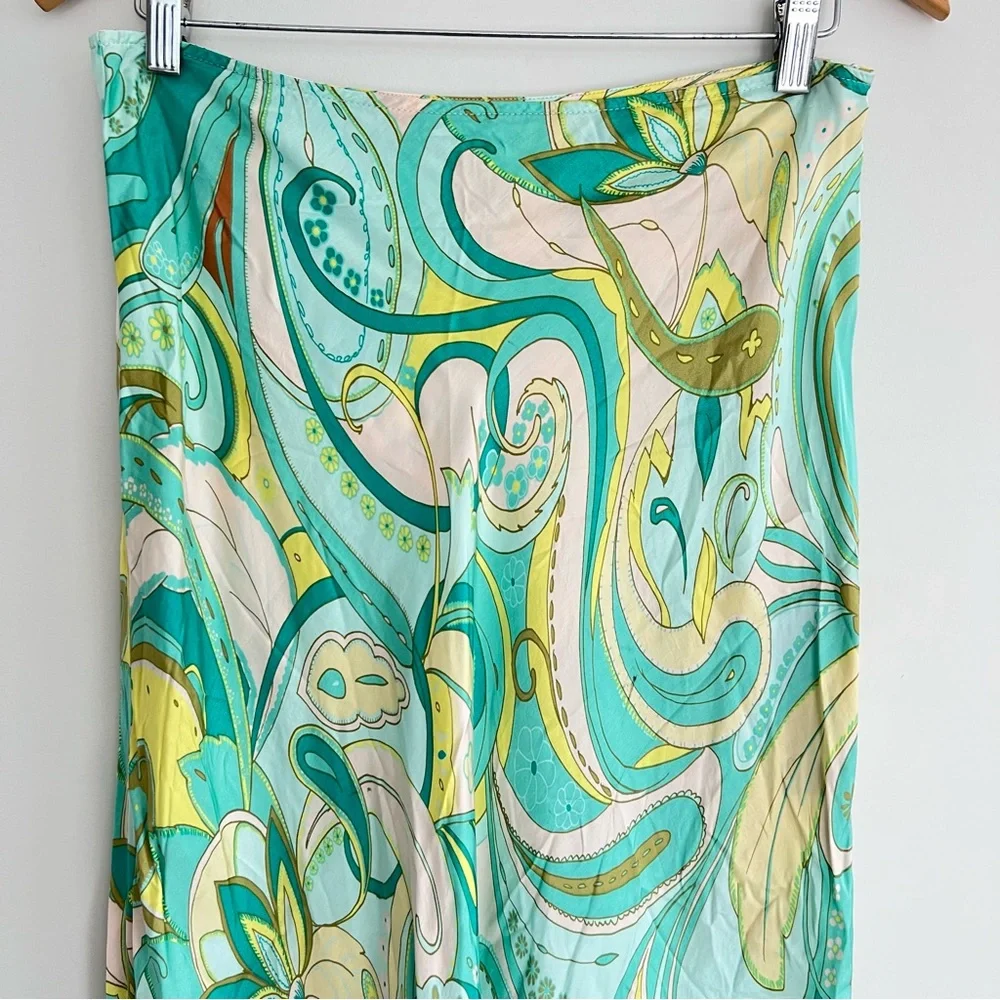 ZARA Sea Green Spring Multicolor 100% Viscose A Line Side Zip Midi Skirt Sz L